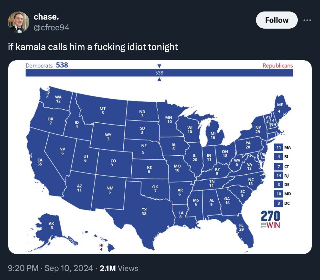 2020 election state map - 538 chase. if kamala calls him a fucking idiot tonight Democrats 538 Wa 12 Or 55 Sa 5 Nv Ut Ut 2m No m Wy 3 Ne 5 2 8. Nm Mn 10 W 10 Mi 16 12 3 Republicans Pa 20 11 Ma Be In 20 11 Cz 18 Wv Mo 5 Va 13 7 Ct 10 14 Nj Tn 11 Nc 15 3 De